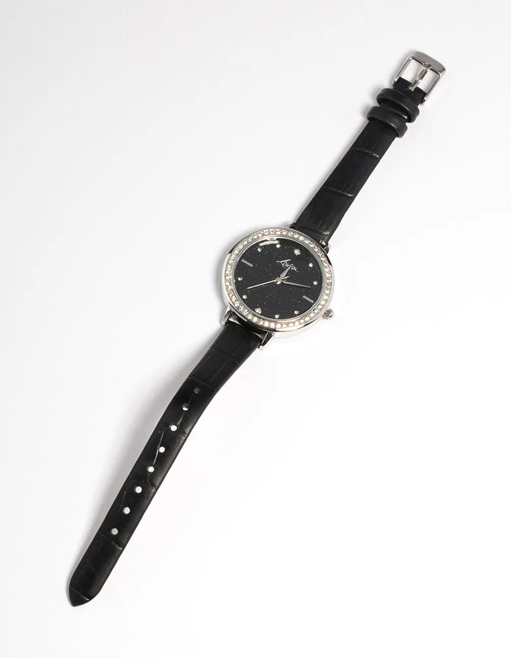 Rhodium Astrology Diamante Faux Leather Watch