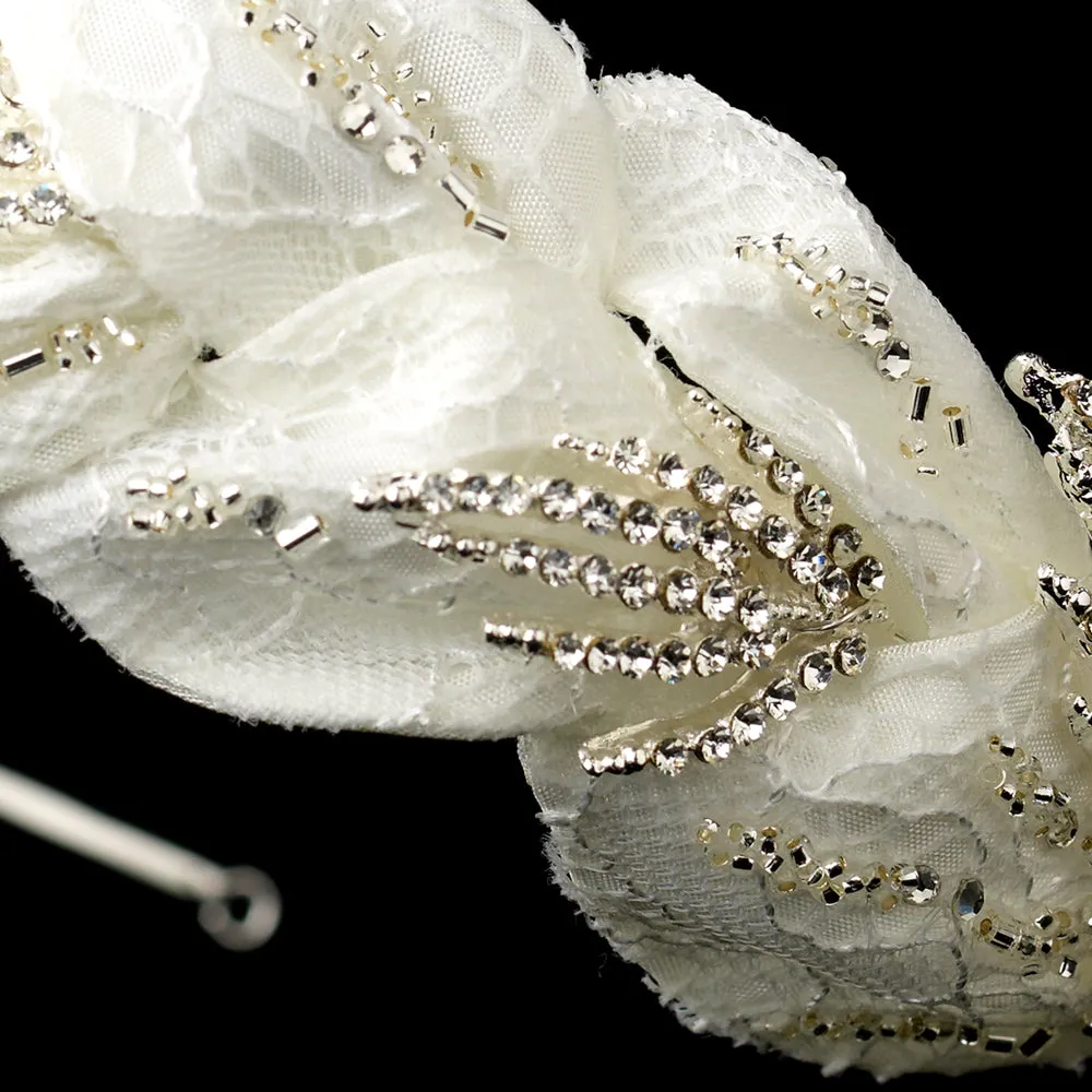 Silver Plated Bridal Headband with Diamond White Fabric Sparkling Crystals