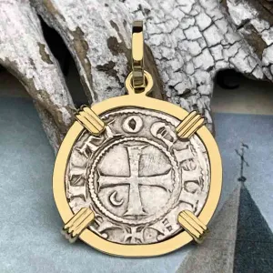 Templar Knights Era Antioch Crusader Medieval Silver Denier "Helmet Head" Coin of the Crusades 14K Gold Pendant | Artifact #8925