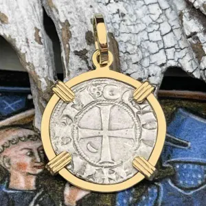 Templar Knights Era Antioch Crusader Medieval Silver Denier "Helmet Head" Coin of the Crusades 14K Gold Pendant | Artifact #8926