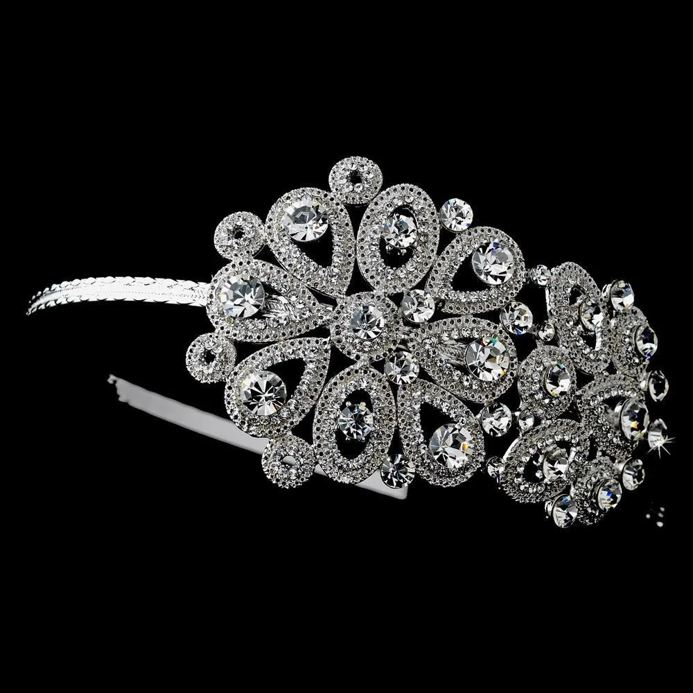 Vintage Floral Crystal Covered Headpiece with Side Accent in Silver